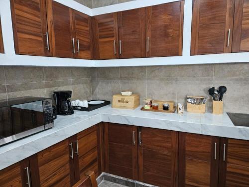 een keuken met houten kasten en een aanrechtblad bij Hotel Boutique Casa Zafra in Campeche