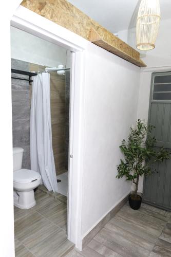 a bathroom with a toilet and a shower stall at Departamento Refugio Sereno cerca de la UAS y nuevo hospital General in Culiacán