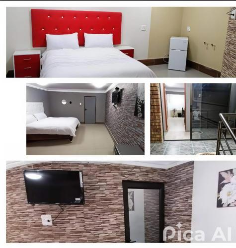 two pictures of a bedroom with a bed and a tv at Nelspruit Nice luxury lodge in Nelspruit