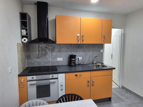 a kitchen with orange cabinets and a sink at Le Battant in downtown Besançon in Besançon