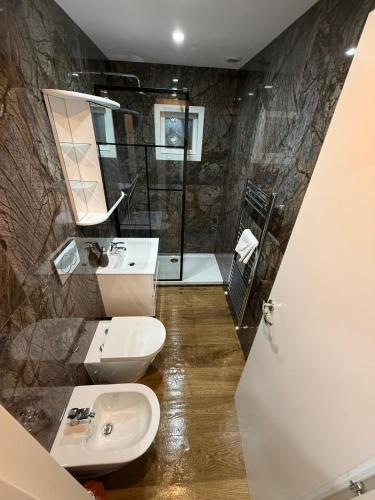 a bathroom with a sink and a toilet and a shower at Apartament Bibi in Făgăraş
