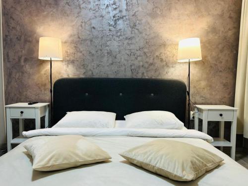two beds in a bedroom with two lamps on the wall at Sibiu New House in Sibiu