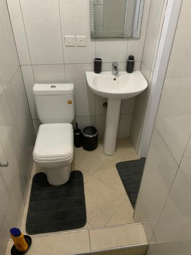 a bathroom with a toilet and a sink at Cozy and Comfortable 2 bedroom for Families Home-away near Airport in Accra