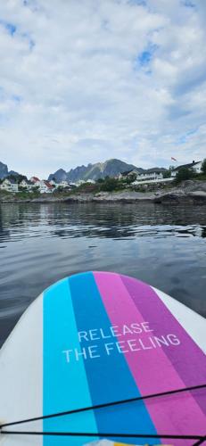 レーヌにあるReinebringen View Apartmentの水面に浮かぶサーフボード