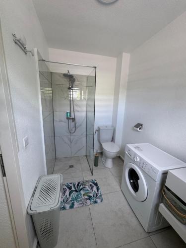 a bathroom with a shower and a washing machine at Casa Montebello in Petit-Bourg