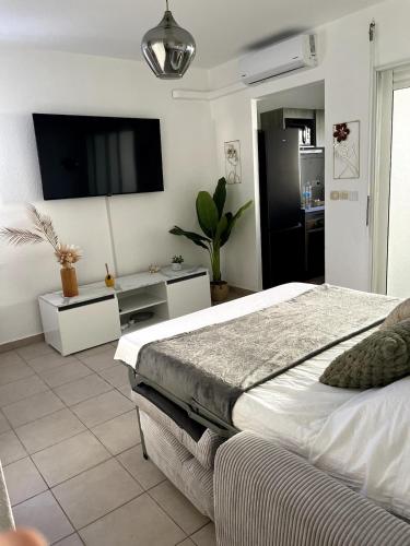 a bedroom with a bed and a flat screen tv at Casa Montebello in Petit-Bourg