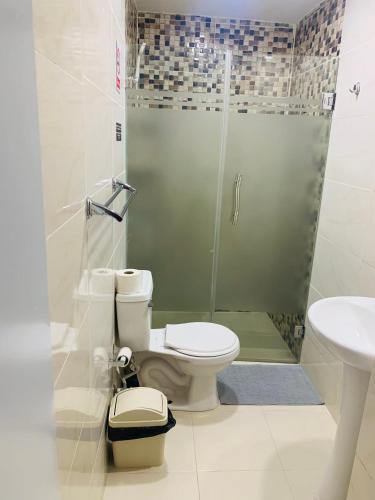 a bathroom with a shower and a toilet and a sink at Plataview Apartahotel 3B in Monte Plata