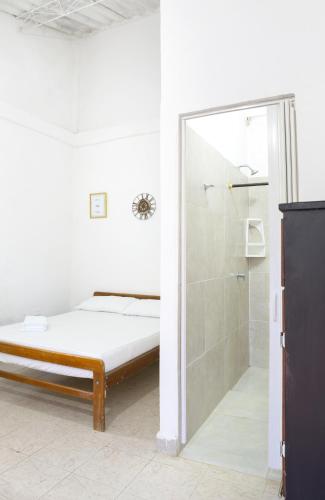 a bedroom with a bed and a glass shower at Hotel Villa Ivel in Turbaco