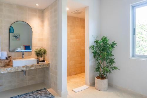 a bathroom with a sink and a mirror and a plant at Hermosa Wave B2 in Pochotal