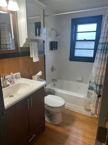 a bathroom with a sink and a toilet and a shower at Schillhaus Lvl 3 in Louisville