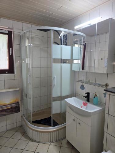 a bathroom with a shower and a sink at Heimathafen Ückeritz in Ueckeritz