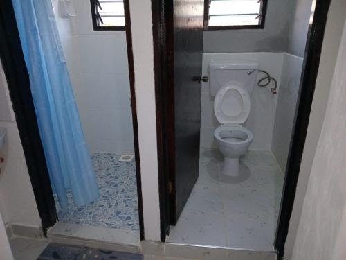 a bathroom with a toilet with a blue shower curtain at The Truenorth apartments chitiri in Diani Beach