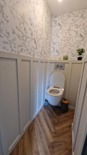 a bathroom with a white toilet in a room at Maison joliment décorée dans un quartier calme in Savigné-lʼÉvêque