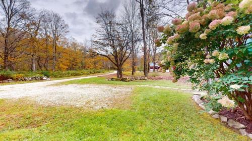 a gravel road with flowers on the side of it at Pond View Cabin in Chittenden