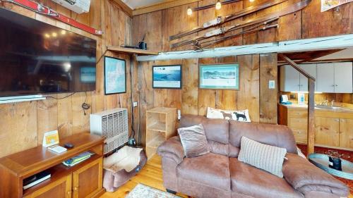 a living room with a leather couch and a tv at Pond View Cabin in Chittenden