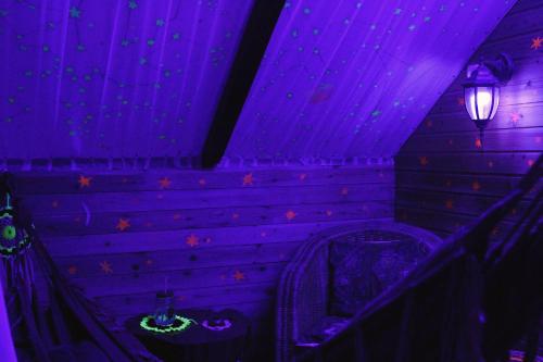 a purple room with a purple ceiling and lights at budabu in Sighnaghi