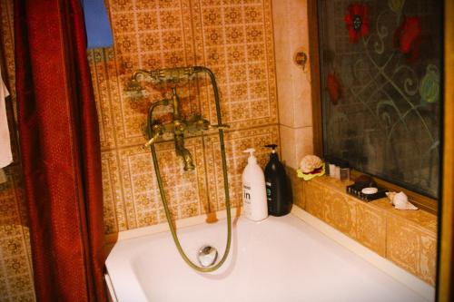 a bath tub with a shower in a bathroom at budabu in Sighnaghi