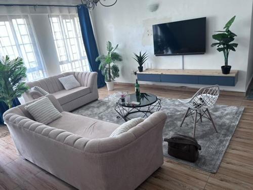 a living room with two couches and a tv at Milele Homes- Ruaka View Aprt in Nairobi