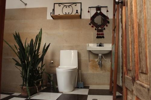 a bathroom with a toilet and a sink at La pequeña casa in Pijao