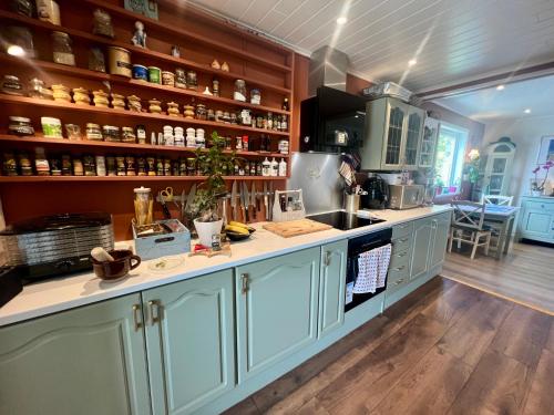 Una cocina con gabinetes azules y una encimera. en Vintage apartment with fresh sea air and pets, en Kristiansund