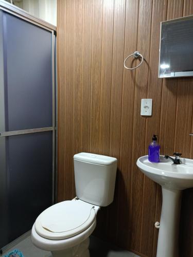 a bathroom with a toilet and a sink at Sobrado de Container Azul in Dourados