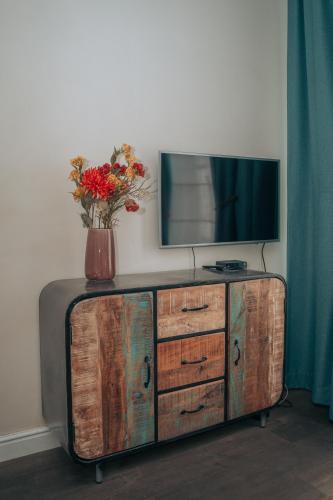 a television on top of a dresser with a vase of flowers at ZevenVrijeDagen in Ghent