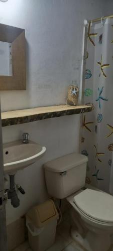 サン・ベルナルド・デル・ビエントにあるLa Coralina azulのトイレと洗面台付きのバスルーム
