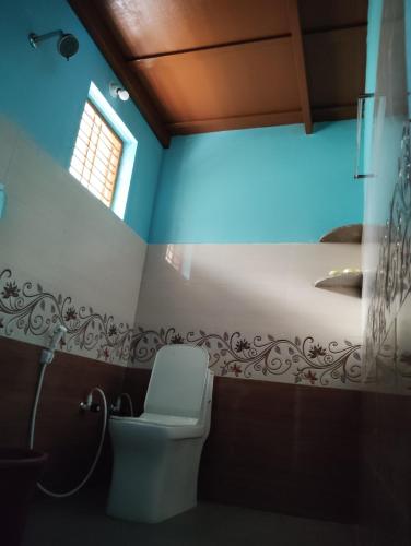 a bathroom with a toilet and a blue ceiling at Gubbikanta Homestay in Aralagodu