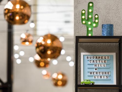 a sign in a frame with a cactus on a wall at Mercure Budapest Castle Hill in Budapest
