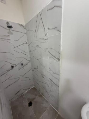 a bathroom with a marble shower with a toilet at La Vecindad in Querétaro