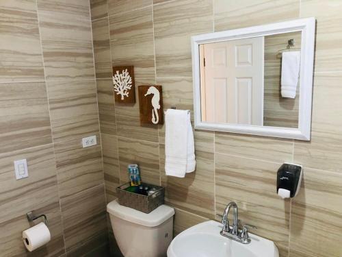 a bathroom with a toilet and a sink and a mirror at Casa Encanto Ensenada Three Bed Two Bath in Ensenada