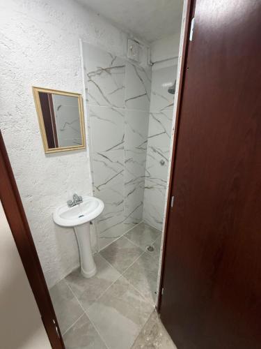 a bathroom with a sink and a shower at La Vecindad in Querétaro