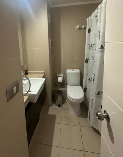 a small bathroom with a toilet and a sink at Departamento en condominio Los Carrera 2092 a pasos casino Antay in Copiapó