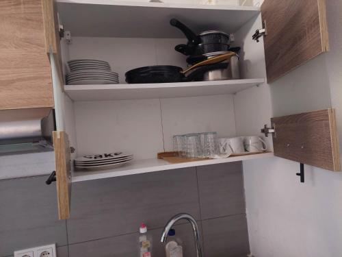 a kitchen with a sink and shelves with dishes at Appartment Olivia Siegen in Siegen