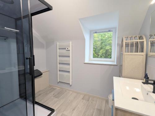 un bagno con doccia, lavandino e finestra di Maison spacieuse avec terrasse couverte et parking en région naturelle - FR-1-591-764 a Méobecq