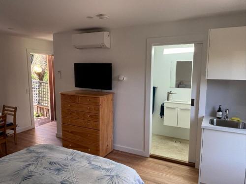 a bedroom with a television on a dresser and a kitchen at Studio granny flat in Sydney