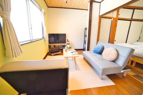 a living room with a couch and a tv at ZENNOOK Riverside Fuji Nature Stay in Shizuoka
