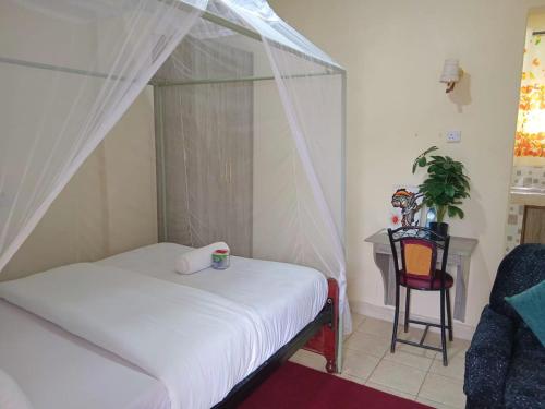 a bedroom with a bed and a table and a chair at Villa De Leo in Bungoma