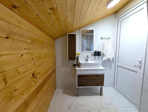 a bathroom with a sink and a wooden wall at Bodokia winery and guesthouse in Gegut'i
