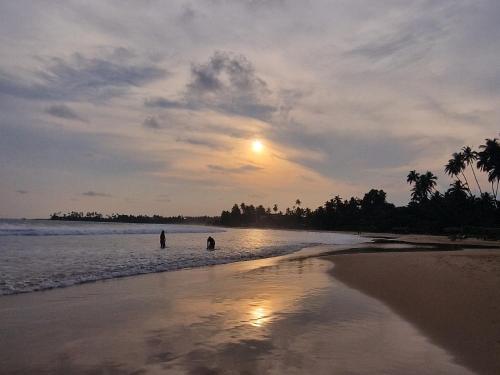 two people standing in the water on a beach at Lahima Cabanas in Dickwella