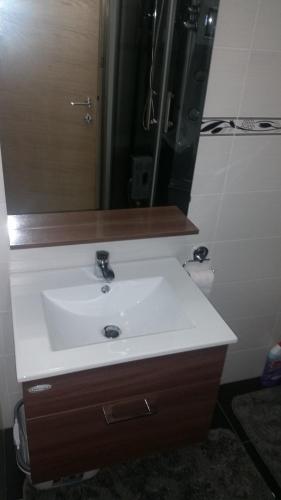 a bathroom with a white sink and a mirror at Apartment Borovnica Rogla in Resnik