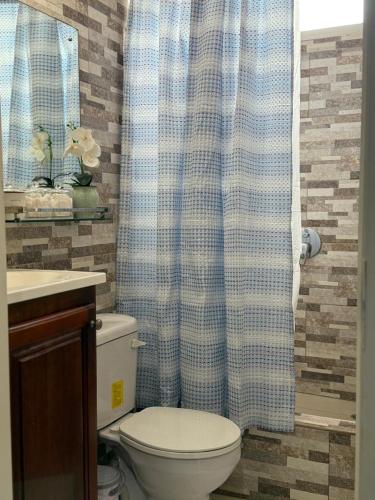 a bathroom with a toilet and a shower curtain at Caribbean gem in San Juan