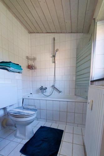 a bathroom with a tub and a toilet and a shower at Kleine Auszeit 43 in Seehausen am Staffelsee