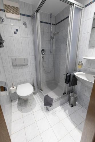 a bathroom with a shower and a toilet and a sink at Pension Alter Hirsch in Pfalzgrafenweiler