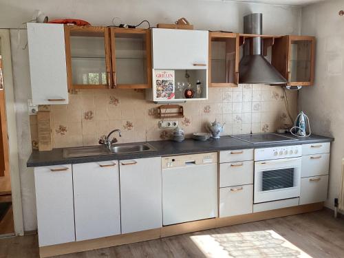 eine Küche mit weißen Schränken und einer Spüle in der Unterkunft Apartment in Feldkirchen in Feldkirchen an der Donau