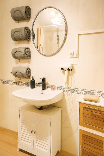 a bathroom with a sink and a mirror at Nature et Sérénité in Fontpédrouse