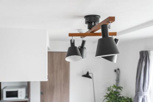 a group of black lights hanging from a kitchen ceiling at SERAPHIC 千歳MS101 in Chitose