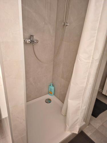 a shower with a shower curtain in a bathroom at Royal Guest House Apartment in Mönchengladbach