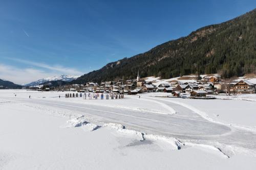 a village in the snow with houses and trees at SeeHotel & SeeApartments Kärntnerhof- direkt am See! in Weissensee