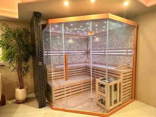 Una ducha de cristal en una habitación con una planta en Casa Westerwohl, en Dierdorf